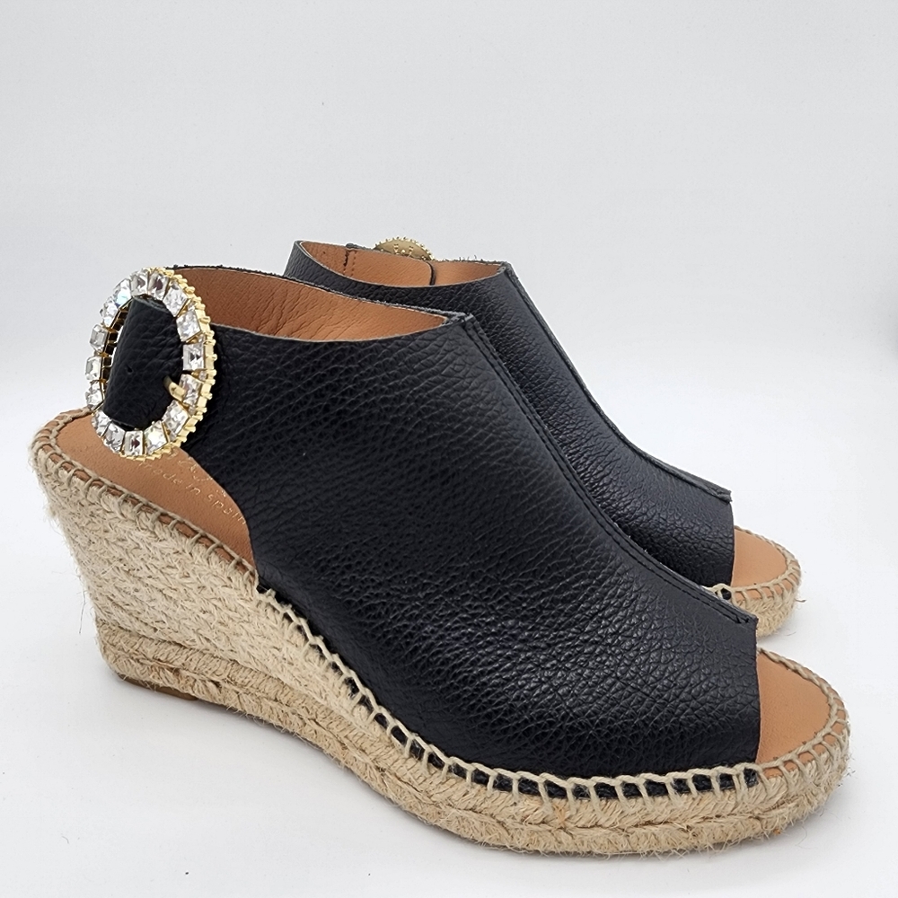 Maypol Spain Wedge Sandals Leather Black Rhinestone Buckle Size 39 or 9 - Picture 12 of 13